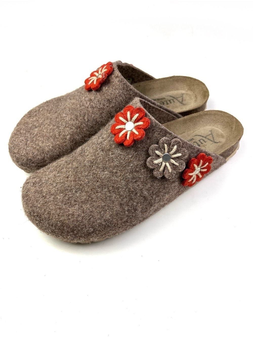 Autenti Heathered Taupe Brown Wool Felt Floral Appliqué Scuff Clog Mule size 8
